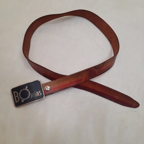 Vintage 70s 80s Tooled Leather Belt BO Jeans Big Buckle Brown Mens M Womens L - Picture 5 of 14